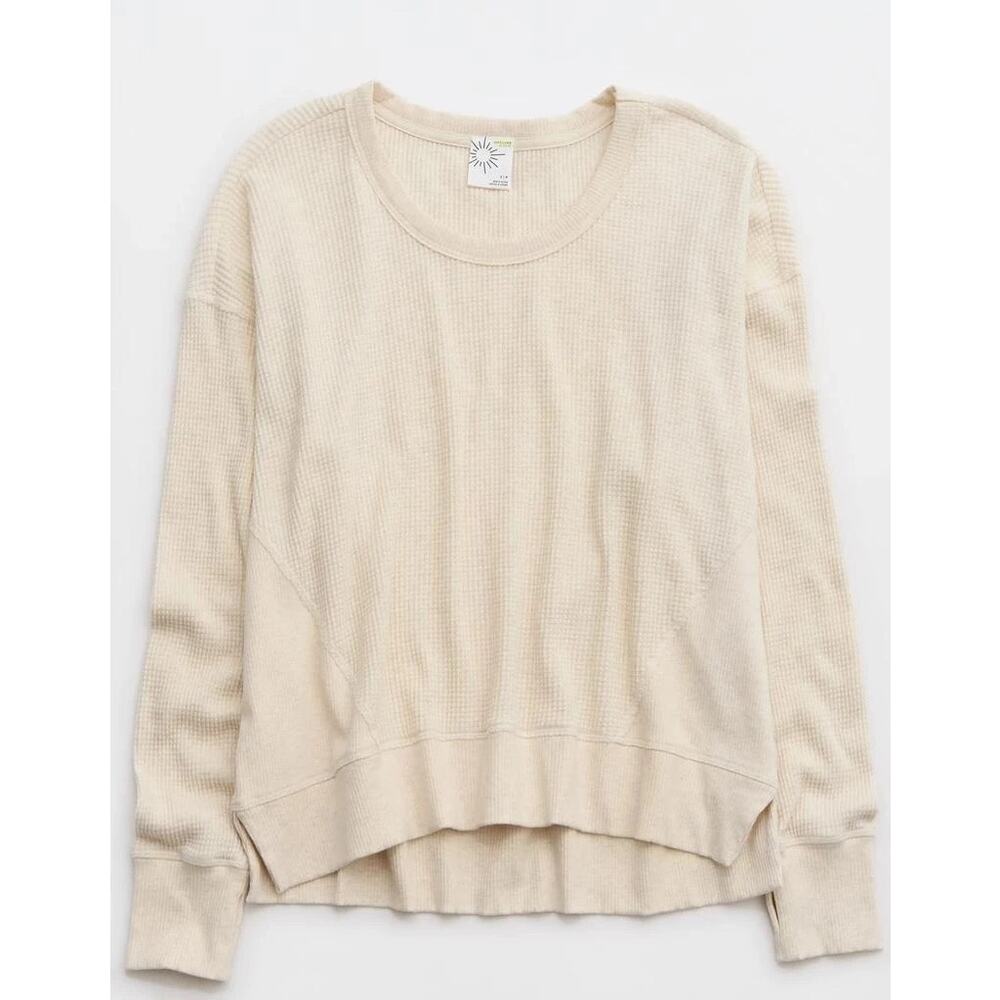 OFFLINE by Aerie Wow! Waffle Knit Pullover Beige Long-Sleeve Lounge Casual- Sz L